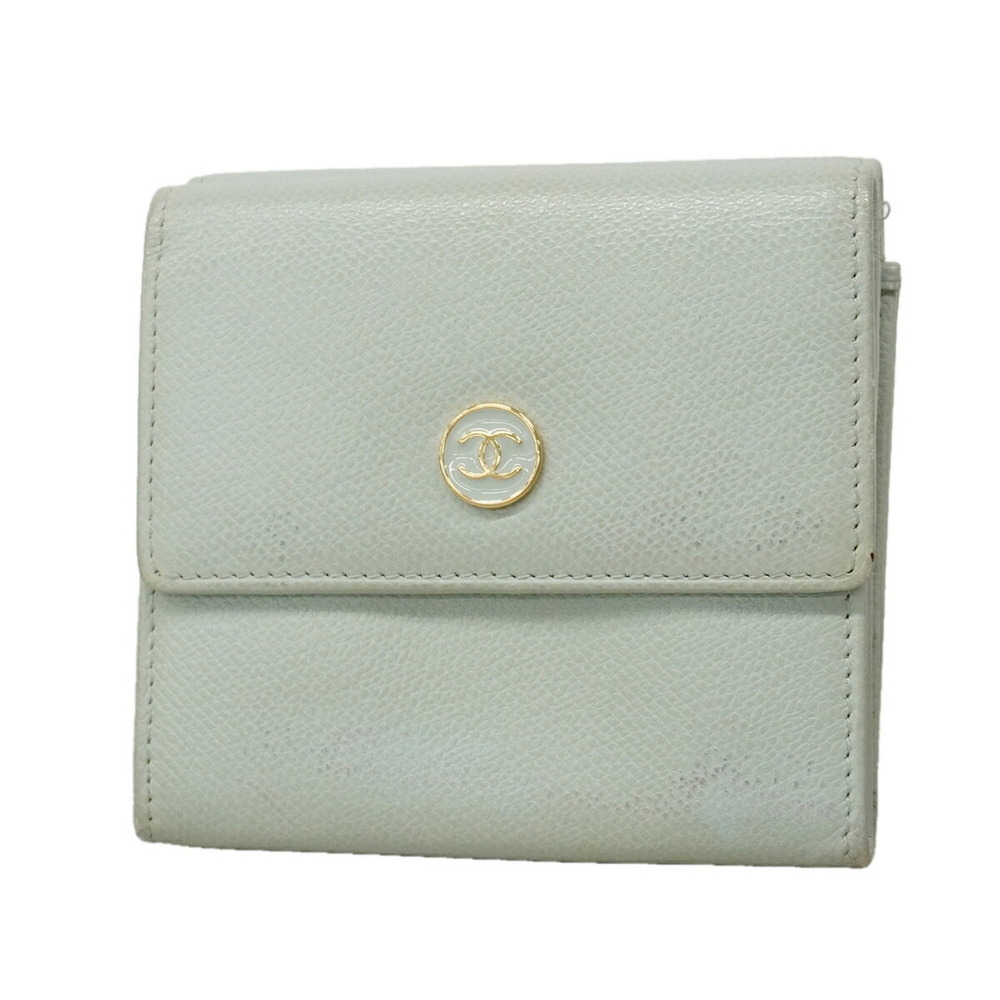 Chanel Tri-fold Wallet, Coco Button, Caviar Leather, Light Green, Women's